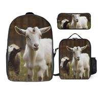 3 Piece Backpack for Women Men Lightweight Causal Daypack Shoulder Bag Set with Insulated Lunch Bag And Pencil Case Organizers Cute Goat