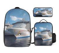 3 Piece Backpack for Women Men Lightweight Causal Daypack Shoulder Bag Set with Insulated Lunch Bag And Pencil Case Organizers Cruise Ship