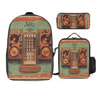 3 Piece Backpack for Women Men Lightweight Causal Daypack Shoulder Bag Set with Insulated Lunch Bag And Pencil Case Organizers Jazz Music Equipment with Vintage Background