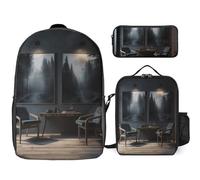 3 Piece Backpack for Women Men Lightweight Causal Daypack Shoulder Bag Set with Insulated Lunch Bag And Pencil Case Organizers There Are Chairs in The Room