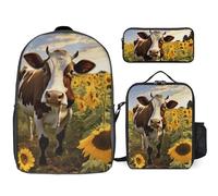 3 Piece Backpack for Women Men Lightweight Causal Daypack Shoulder Bag Set with Insulated Lunch Bag And Pencil Case Organizers Cow in Sunflowers