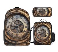 3 Piece Backpack for Women Men Lightweight Causal Daypack Shoulder Bag Set with Insulated Lunch Bag And Pencil Case Organizers Steampunk Clock