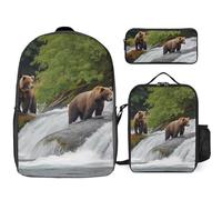 3 Piece Backpack for Women Men Lightweight Causal Daypack Shoulder Bag Set with Insulated Lunch Bag And Pencil Case Organizers Bears Fishing in River