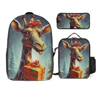 3 Piece Backpack for Women Men Lightweight Causal Daypack Shoulder Bag Set with Insulated Lunch Bag And Pencil Case Organizers Giraffe Receiving A Gift