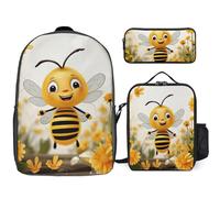 3 Piece Backpack for Women Men Lightweight Causal Daypack Shoulder Bag Set with Insulated Lunch Bag And Pencil Case Organizers Cute Bees Daisy Flower