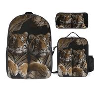 3 Piece Backpack for Women Men Lightweight Causal Daypack Shoulder Bag Set with Insulated Lunch Bag And Pencil Case Organizers Tiger in Cave, Style, One Size