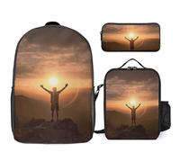 3 Piece Backpack for Women Men Lightweight Causal Daypack Shoulder Bag Set with Insulated Lunch Bag And Pencil Case Organizers Man Raises His Arms