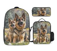 3 Piece Backpack for Women Men Lightweight Causal Daypack Shoulder Bag Set with Insulated Lunch Bag And Pencil Case Organizers German Shepherd Dogs