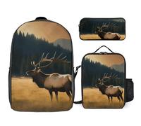 3 Piece Backpack for Women Men Lightweight Causal Daypack Shoulder Bag Set with Insulated Lunch Bag And Pencil Case Organizers Elk in The Meadow