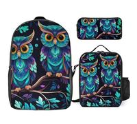 3 Piece Backpack for Women Men Lightweight Causal Daypack Shoulder Bag Set with Insulated Lunch Bag And Pencil Case Organizers Purple And Green Owl, Style, One Size