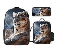 3 Piece Backpack for Women Men Lightweight Causal Daypack Shoulder Bag Set with Insulated Lunch Bag And Pencil Case Organizers Mountain Lions