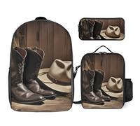 3 Piece Backpack for Women Men Lightweight Causal Daypack Shoulder Bag Set with Insulated Lunch Bag And Pencil Case Organizers Cowboy Black Hat Western Boots