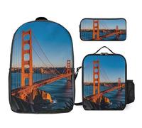 3 Piece Backpack for Women Men Lightweight Causal Daypack Shoulder Bag Set with Insulated Lunch Bag And Pencil Case Organizers San Francisco Bay Bridge