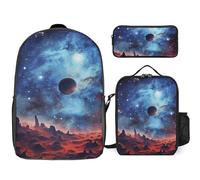 3 Piece Backpack for Women Men Lightweight Causal Daypack Shoulder Bag Set with Insulated Lunch Bag And Pencil Case Organizers Galaxy Space
