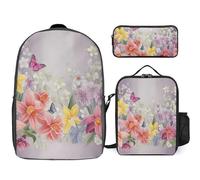 3 Piece Backpack for Women Men Lightweight Causal Daypack Shoulder Bag Set with Insulated Lunch Bag And Pencil Case Organizers Spring Flowers, Style, One Size