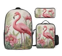 3 Piece Backpack for Women Men Lightweight Causal Daypack Shoulder Bag Set with Insulated Lunch Bag And Pencil Case Organizers Flamingo And Leaves