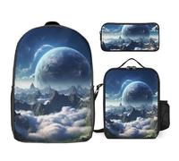 3 Piece Backpack for Women Men Lightweight Causal Daypack Shoulder Bag Set with Insulated Lunch Bag And Pencil Case Organizers Fantasy Earth, Style, One Size