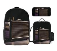 3 Piece Backpack for Women Men Lightweight Causal Daypack Shoulder Bag Set with Insulated Lunch Bag And Pencil Case Organizers Old Radio on Black Paper