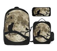 3 Piece Backpack for Women Men Lightweight Causal Daypack Shoulder Bag Set with Insulated Lunch Bag And Pencil Case Organizers Cat Sitting on A Branch