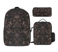 3 Piece Backpack for Women Men Lightweight Causal Daypack Shoulder Bag Set with Insulated Lunch Bag And Pencil Case Organizers Gothic Wallpaper for Walls Skull Damask