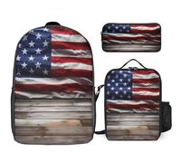 3 Piece Backpack for Women Men Lightweight Causal Daypack Shoulder Bag Set with Insulated Lunch Bag And Pencil Case Organizers Wooden Floor American Flag
