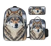 3 Piece Backpack for Women Men Lightweight Causal Daypack Shoulder Bag Set with Insulated Lunch Bag And Pencil Case Organizers Winter Farm Style Wolf