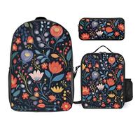 3 Piece Backpack for Women Men Lightweight Causal Daypack Shoulder Bag Set with Insulated Lunch Bag And Pencil Case Organizers Bright Flowers