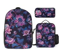 3 Piece Backpack for Women Men Lightweight Causal Daypack Shoulder Bag Set with Insulated Lunch Bag And Pencil Case Organizers Dark Purple Flower