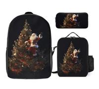 3 Piece Backpack for Women Men Lightweight Causal Daypack Shoulder Bag Set with Insulated Lunch Bag And Pencil Case Organizers Santa Claus on The Christmas Tree