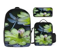3 Piece Backpack for Women Men Lightweight Causal Daypack Shoulder Bag Set with Insulated Lunch Bag And Pencil Case Organizers Dragonfly Flies Over
