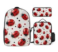 3 Piece Backpack for Women Men Lightweight Causal Daypack Shoulder Bag Set with Insulated Lunch Bag And Pencil Case Organizers Red Ladybug