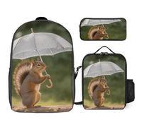 3 Piece Backpack for Women Men Lightweight Causal Daypack Shoulder Bag Set with Insulated Lunch Bag And Pencil Case Organizers Squirrel Hold A Umbrellas