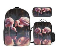 3 Piece Backpack for Women Men Lightweight Causal Daypack Shoulder Bag Set with Insulated Lunch Bag And Pencil Case Organizers Flamingo Is Drinking Water
