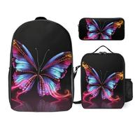 3 Piece Backpack for Women Men Lightweight Causal Daypack Shoulder Bag Set with Insulated Lunch Bag And Pencil Case Organizers Dancing Butterfly
