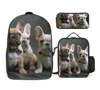 3 Piece Backpack for Women Men Lightweight Causal Daypack Shoulder Bag Set with Insulated Lunch Bag And Pencil Case Organizers French Bulldog Puppies