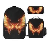 3 Piece Backpack for Women Men Lightweight Causal Daypack Shoulder Bag Set with Insulated Lunch Bag And Pencil Case Organizers Fire Angle Wings
