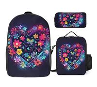 3 Piece Backpack for Women Men Lightweight Causal Daypack Shoulder Bag Set with Insulated Lunch Bag And Pencil Case Organizers With Flower Pattern, Style, One Size