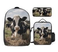 3 Piece Backpack for Women Men Lightweight Causal Daypack Shoulder Bag Set with Insulated Lunch Bag And Pencil Case Organizers Cute Cows