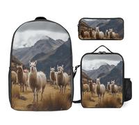 3 Piece Backpack for Women Men Lightweight Causal Daypack Shoulder Bag Set with Insulated Lunch Bag And Pencil Case Organizers Llamas in The Andes