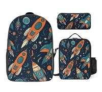 3 Piece Backpack for Women Men Lightweight Causal Daypack Shoulder Bag Set with Insulated Lunch Bag And Pencil Case Organizers Space Rocket Pattern, Style, One Size