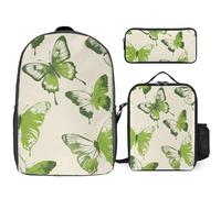 3 Piece Backpack for Women Men Lightweight Causal Daypack Shoulder Bag Set with Insulated Lunch Bag And Pencil Case Organizers Lime Green Butterfly