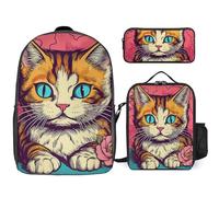 3 Piece Backpack for Women Men Lightweight Causal Daypack Shoulder Bag Set with Insulated Lunch Bag And Pencil Case Organizers Pop Art Cat