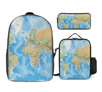 3 Piece Backpack for Women Men Lightweight Causal Daypack Shoulder Bag Set with Insulated Lunch Bag And Pencil Case Organizers World Map