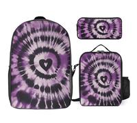 3 Piece Backpack for Women Men Lightweight Causal Daypack Shoulder Bag Set with Insulated Lunch Bag And Pencil Case Organizers Purple Tie Dye