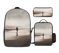 3 Piece Backpack for Women Men Lightweight Causal Daypack Shoulder Bag Set with Insulated Lunch Bag And Pencil Case Organizers Alone at The Beach