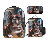 3 Piece Backpack for Women Men Lightweight Causal Daypack Shoulder Bag Set with Insulated Lunch Bag And Pencil Case Organizers French Bulldog Wearing Sunglasses