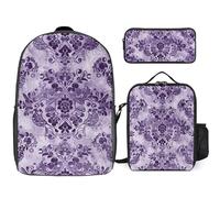 3 Piece Backpack for Women Men Lightweight Causal Daypack Shoulder Bag Set with Insulated Lunch Bag And Pencil Case Organizers Purple Lace Pattern