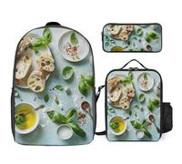 3 Piece Backpack for Women Men Lightweight Causal Daypack Shoulder Bag Set with Insulated Lunch Bag And Pencil Case Organizers Olive Oil And Bread