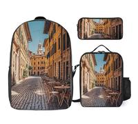 3 Piece Backpack for Women Men Lightweight Causal Daypack Shoulder Bag Set with Insulated Lunch Bag And Pencil Case Organizers Old Courtyard Cafe Chair City, Rome, Italy