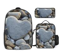 3 Piece Backpack for Women Men Lightweight Causal Daypack Shoulder Bag Set with Insulated Lunch Bag And Pencil Case Organizers Heart Shaped Pebbles